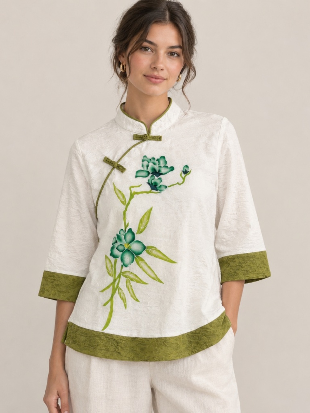 Vintage White Green Floral Mandarin Collar Frog Closure Blouse Top Size 6